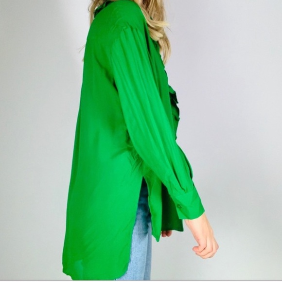 Zara ruffle trim button down oversized shirt green - Picture 4 of 12